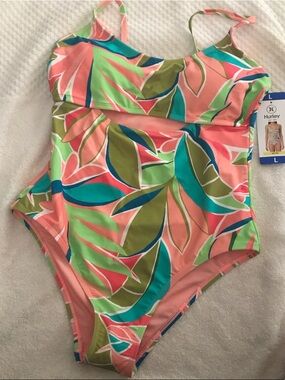 Hurley Coral Pink Tropical Leaf One-Piece Swimsuit